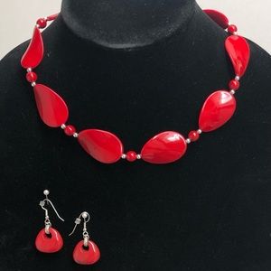 Vintage Red Turquoise Earrings & Red Flat Oval Silver Necklace 20”